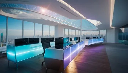 a sleek and modern table with a high-tech display stands on a futuristic rooftop, surrounded by towering skyscrapers and glowing panels. Changes of silver and steel form the shape of a modern-day plan