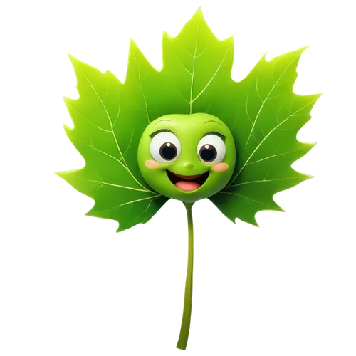 Cartoon maple leaf, bright green, rounded edges, thick stem, curled up tips, smiling face, big shining eyes, rosy cheeks, solo, floating in air, soft focus, warm lighting, 3/4 composition, playful exp