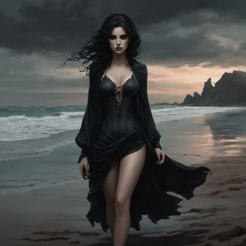 dark beach,gothic woman,dark angel,sorceress,gothic fashion,gothic dress,fantasy picture,black sand,black beach,the sea maid,fantasy art,the enchantress,goth woman,siren,gothic portrait,vampire woman,girl on the dune,beach moonflower,dark gothic mood,fantasy woman,Conceptual Art,Fantasy,Fantasy 34