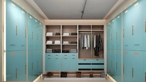 a room filled with blue lockers and lots of brown,lockers,walk-in closet,wardrobes,closets,schrank,dumbwaiter,Photography,General,Realistic