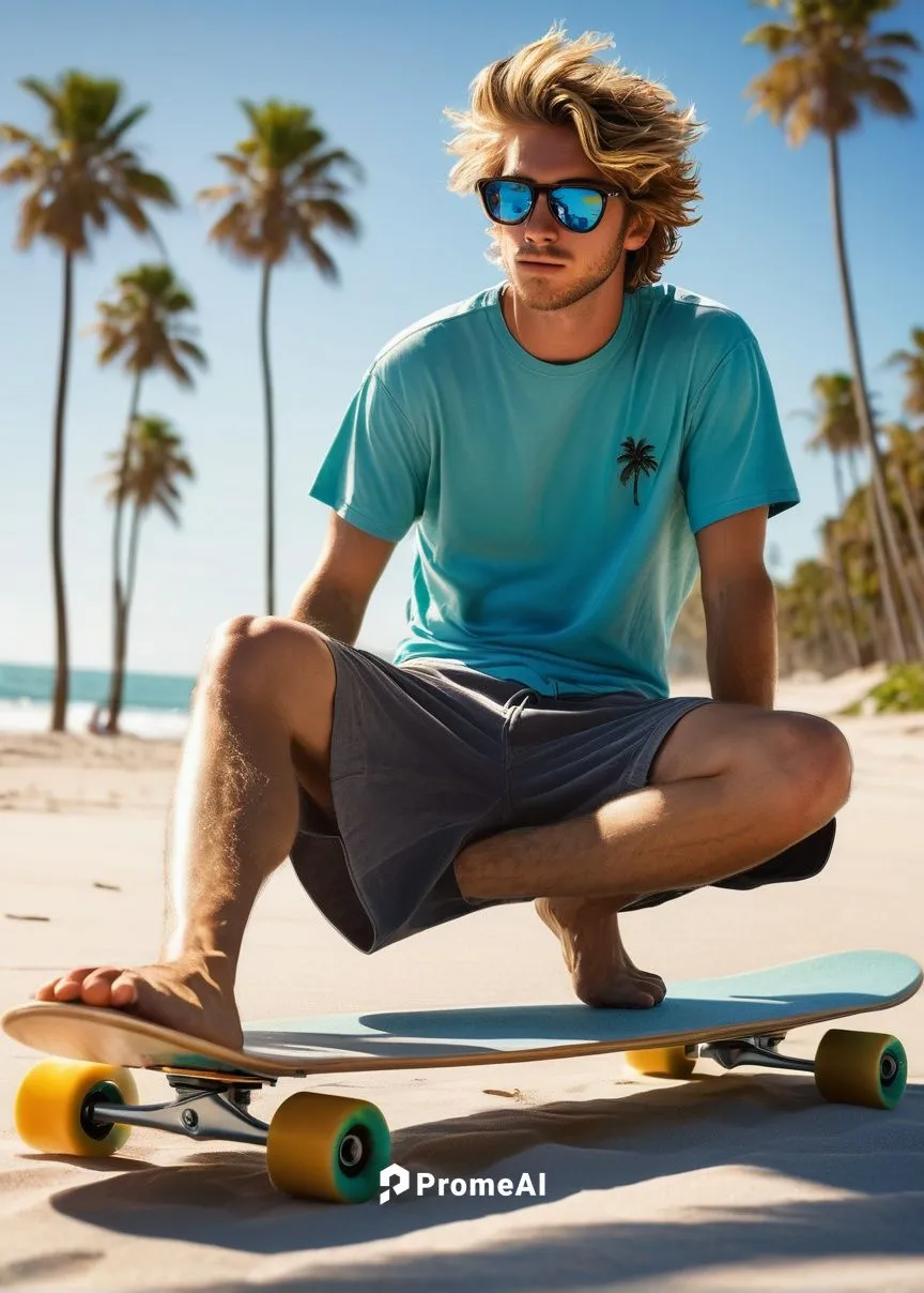 Longboard, lying down, relaxed pose, strong athletic legs, casual shorts, sunglasses, messy hair, beachside, sunny day, clear blue sky, palm trees swaying gently, white sand, calm ocean waves, surfboa