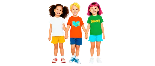 Cartoon style, two cousins, boy and girl, smiling faces, bright eyes, colorful hair clips, casual wear, t-shirts, shorts, sneakers, playful gestures, standing back to back, holding hands, vivid colors