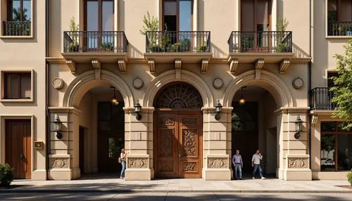 Ornate Renaissance-style facade, symmetrical composition, grand entrance, carved wooden doors, ornamental metalwork, stone columns, rusticated quoins, arched windows, balconies with intricate iron rai