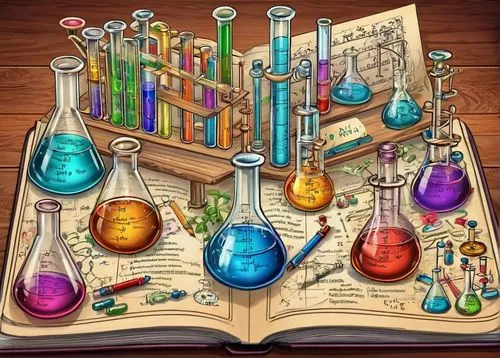 science book,chemist,potions,reagents,laboratory flask,science education,chemical laboratory,sci fiction illustration,book glasses,laboratory,alchemy,laboratory information,erlenmeyer flask,scientific instrument,magic book,chemistry,researcher,distillation,potion,elements,Illustration,Retro,Retro 13