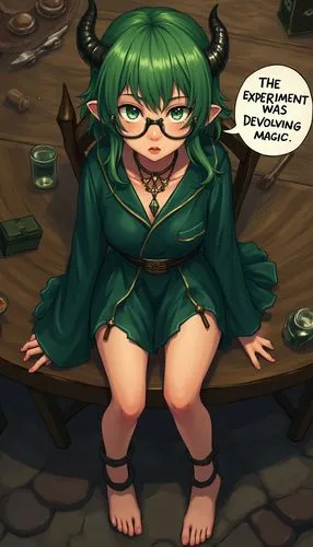 Draw in anime style: A nerdy, glasses-wearing, horned, barefoot, green-haired, evil druid girl,  wearing short dark-emerald robes, wearing Gothic jewelry, is seated at a tavern table. A bubble of blac