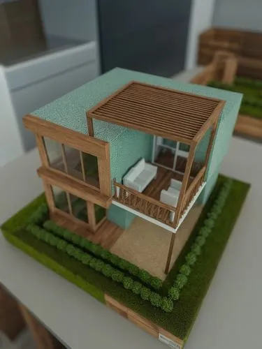 conservar la volumetria, cambiar lo verde por vegetacion, mejorar las texturas de los materiales hacerlo mas realistas,a dollhouse with lawn and green grass on top,3d rendering,miniature house,voxel,s