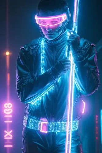 Color the drawing in post-apocalyptic, cyberpunk, vaporwave style,a man with a futuristic costume holding lightsabe,tron,cyberpatrol,cyberian,cyberdog,cyberpunk,mute,Photography,Documentary Photograph