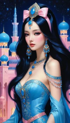 night, arabian palace, beautiful luxurious long black hair with blue bows and jewelry, soft pink glowing towers,a beautiful lady with long black hair in a blue dress,arabian,arabiyah,sheherazade,persi