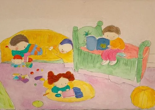 Cute children, cute, in a dreamy room, reading a book or playing games,children drawing,children studying,the little girl's room,playschool,kids illustration,painting eggs,children's bedroom,children'