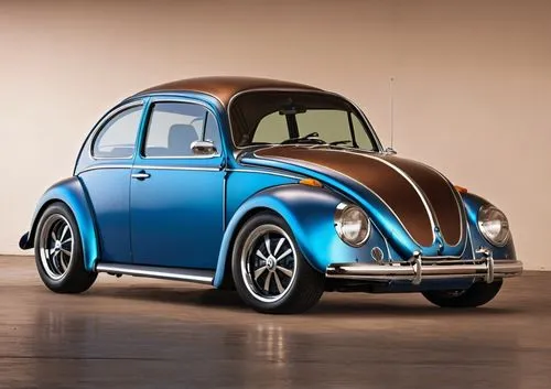 VW Beetle California style, metallic blue, tinted windows, with large rims and fenders and a large rear spoiler,a blue and brown volkswagen bug in an empty room,volkswagen beetle,vw beetle,the beetle,