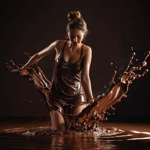 woman on all four playfully in chocolate puddle,splash photography,milk splash,splashing,water splash,water splashes,photoshoot with water,chocolatier,cocoa powder,chocolate syrup,splashing around,spi