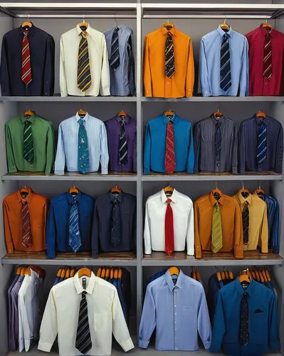 Image of Dress Shirts and Suit Ties on Display,collection of ties,men clothes,men's suit,ties,suits,men's wear,color combinations,walk-in closet,wardrobe,silk tie,garment racks,dry cleaning,suit of sp