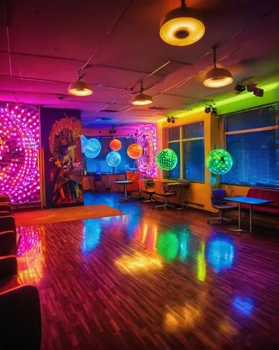 dancefloor,nightclub,dancefloors,discoideum,colored lights,discotheque,party lights,ufo interior,disco,gymnastics room,playrooms,discotheques,spaceland,playroom,creative office,dance club,clubroom,collaboratory,party decoration,neon cocktails,Illustration,Realistic Fantasy,Realistic Fantasy 38