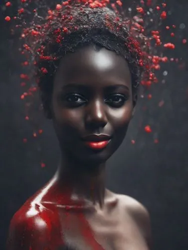 a nude woman all adorned in black paint, bright red lips. The background is a black void,red skin,afrofuturism,african woman,black skin,colorism,mystical portrait of a girl,afrocentrism,goude,rwandan,