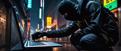 stealthy burglar, male character, wearing a black ski mask, tactical gloves, dark hoodie, cargo pants, silent footsteps, lockpicking expert, hacking laptop, night vision goggles, carrying a duffle bag