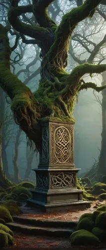 Fantasy, mystical, ancient Firbolg artwork, intricate Celtic knot patterns, golden filigree, mysterious runes, glowing ethereal mist, soft luminescent lighting, eerie forest atmosphere, twisted gnarle