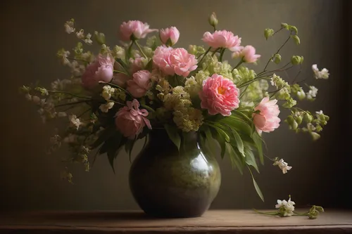 still life of spring,pink lisianthus,flower arranging,spring bouquet,spring carnations,flower arrangement,flower vase,peony bouquet,vintage flowers,still life photography,carnations arrangement,cut flowers,peonies,flower arrangement lying,pink carnations,floral composition,floral arrangement,flowers in basket,flower vases,japanese anemone,Conceptual Art,Oil color,Oil Color 11