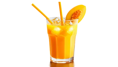 Mango drink, transparent glass, refreshing beverage, yellow-orange liquid, ice cubes, straw, condensation on glass, realistic rendering, shallow depth of field, warm lighting, 3/4 composition, soft fo