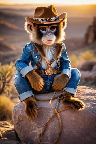 Western desert, sunset time, rugged rocky terrain, a monkey, cowboy hat, brown fur, bright curious eyes, ripped denim overalls, leather belt, bandana, holding a toy lasso rope, sitting on a rock, legs