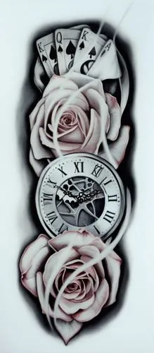 montre roses cartes chef-d'oeuvre,a tattoo design of roses and playing cards with numbers,roses pattern,valentine clock,wall clock,rose png,roses frame,tempus,Illustration,Black and White,Black and Wh