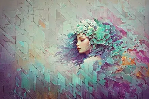 transistor,girl in a wreath,fantasy portrait,digital art,aura,kaleidoscape,synthetic,veil,mermaid vectors,flora,generative,iridescent,digital creation,digital artwork,digital,digital painting,digital 