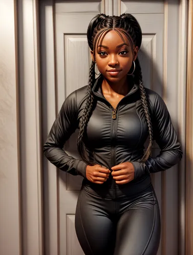 in a slim fit yoga suit with and a smile and preatty face and hair braided,ebony,tracksuit,maria bayo,lira,artificial hair integrations,nigeria woman,black jane doe,latex clothing,photo session in bod