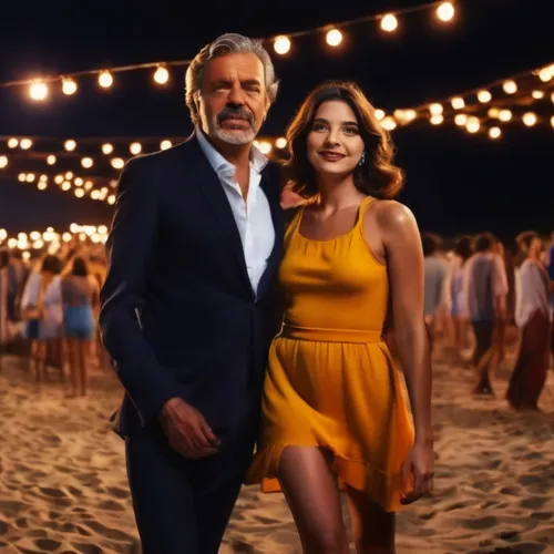 two people standing in a crowded beach area at night,dizi,bocelli,kocaman,the night of kupala,milonga,beach background