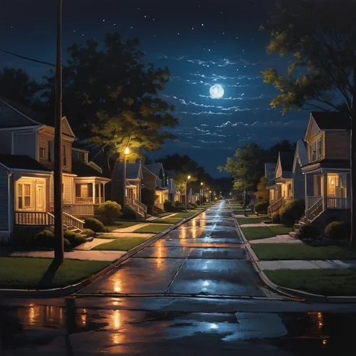 night scene,houses clipart,neighborhood,moonlit night,street lights,night image,neighbourhood,suburbs,evening atmosphere,at night,night time,world digital painting,moonlit,street lamps,nightscape,nighttime,homes,moonlight,outdoor street light,suburb,Conceptual Art,Daily,Daily 01