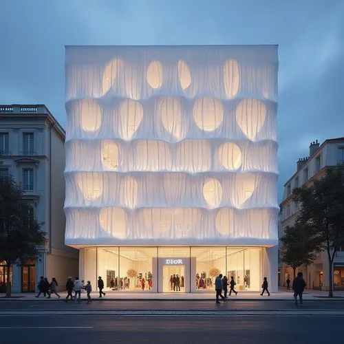 a shop gallery building, square box building, by BIG, facing the
road,  Facade futuristic Composite materials facade includes white natural silk and translucent fabric, Front view, People are walking 