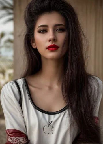 a portrait of half body of a beautiful caucasian girl 25 years old black hair red lips  in a stamping t shirt and a black leather jacket looking to camera in a beach of miami as background in 4k,roman