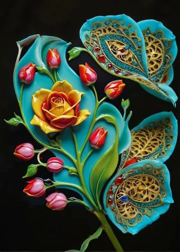 embroidered flowers,embroidered leaves,flower painting,floral rangoli,lotuses,lotus flowers,lotus hearts,glass painting,water lily plate,jewel bugs,lotus leaves,floral ornament,flower art,golden lotus