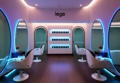 A  hairstyling shop,the hair salon has bright lights on each wall,ufo interior,laser teeth whitening,igloo,igloos,loge,labiodental,Photography,General,Realistic