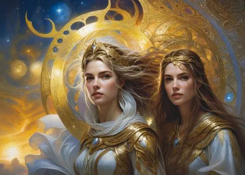 two women dressed as a woman with golden hair,priestesses,sorceresses,archangels,canonesses,frigga,enchanters,Illustration,Realistic Fantasy,Realistic Fantasy 03