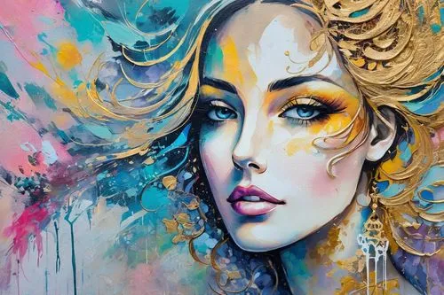 oil painting on canvas,boho art,painting technique,aura,woman face,dali,oil on canvas,oil painting,woman's face,art painting,graffiti art,girl portrait,face portrait,unicorn art,medusa,wall art,artist,graffiti,colorful background,gold leaf,Conceptual Art,Graffiti Art,Graffiti Art 07