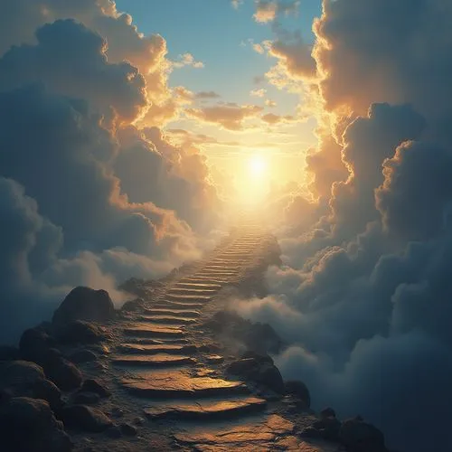 A breathtaking, 

otherworldly scene of a celestial stairway ascending to heaven, 

illuminated by a heavenly sky. ,a stairway to the sky is in between clouds,heavenly ladder,stairway to heaven,stairs