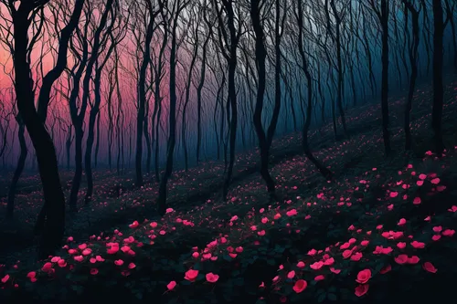 fairy forest,forest of dreams,blooming field,sea of flowers,field of flowers,scattered flowers,haunted forest,black forest,fairytale forest,cherry trees,enchanted forest,sakura trees,fallen petals,japanese sakura background,cartoon forest,fantasy landscape,tulip field,japanese cherry trees,mushroom landscape,tree grove,Illustration,Realistic Fantasy,Realistic Fantasy 36