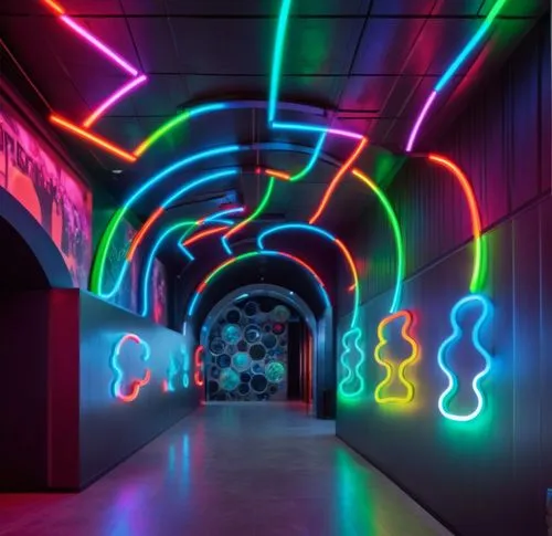 Interior with a barrel vault ceiling. It has neon lights of different colors which follow circuits across the walls and ceiling. The neon lights create cocacola bottles in the walls. At the end there 