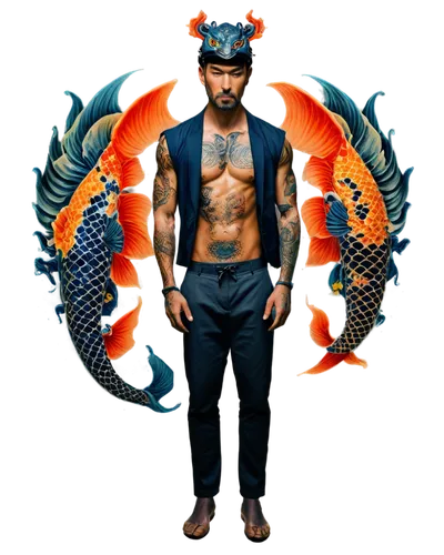 Muscular man, Japanese style, full-body tattoo, intricate designs, bold black lines, vibrant colors, dragon on chest, koi fish on back, waves on legs, samurai helmet on head, serious facial expression