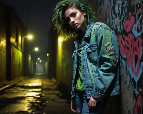 grunge,green jacket,denim jacket,alleyway,punk,jean jacket,neon light,neon lights,clover jackets,parka,jacket,denim background,teal,alley,photo session at night,heather green,neon,blue hair,alley cat,street fashion,Illustration,Vector,Vector 03