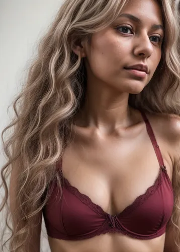 Pale Northern European woman aged about 27 with long wavy blonde hair and two moles on her neck and chin. She wears a comfortable neutral wine-red soft bra.,artificial hair integrations,havana brown,f