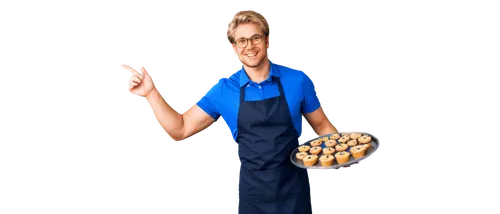 Muffin Man, pastry chef, smiling face, rounded glasses, messy blond hair, white apron, blue shirt, holding muffin tray, bakery background, warm lighting, shallow depth of field, soft focus, 3/4 compos