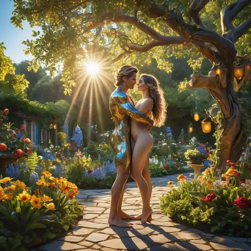 garden of eden,romantic scene,loving couple sunrise,fairytale,a fairy tale,yellow garden,romantic portrait,fairy tale,flower garden,secret garden of venus,girl and boy outdoor,honeymoon,tangled,fantasy picture,magical moment,enchanted,kiss flowers,nature love,fairytales,summer background