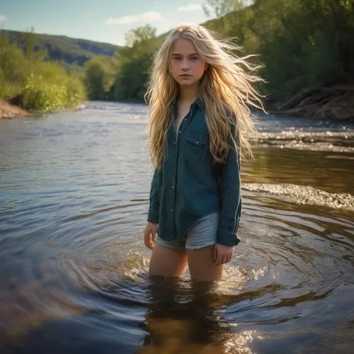 the blonde in the river,girl on the river,wild water,in water,photoshoot with water,water nymph,river,a river,rapids,lily-rose melody depp,siren,on the river,floating on the river,water wild,portrait photography,riverbank,blonde girl,mountain river,mystical portrait of a girl,flowing water,Conceptual Art,Fantasy,Fantasy 18