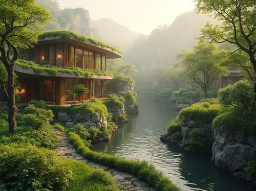 teahouse,asian architecture,shaoming,japan landscape,home landscape,house in mountains,teahouses,fantasy landscape,green landscape,japanese garden,house in the mountains,house in the forest,beautiful home,beautiful japan,golden pavilion,seclude,forest house,japan garden,oriental,summer cottage,Photography,General,Realistic