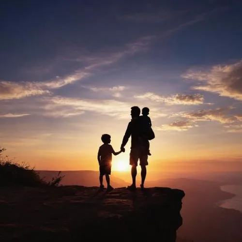 Silhouette of a father holding his little son with both hands at sunset on the edge of a cliff, prone to fall,loving couple sunrise,couple silhouette,girl and boy outdoor,vintage couple silhouette,wal