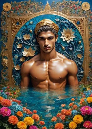 a man is standing in front of flowers and artwork,atharva,antinous,persian poet,gurmeet,vishnu,poseidon