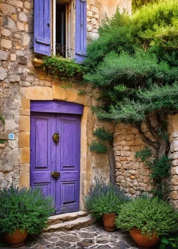 Provence style agency, Mougins town, South of France, old stone building, rustic wooden door, ornate metal handle, green shutters, clay roof tiles, blooming lavender, rosemary bushes, narrow cobblesto