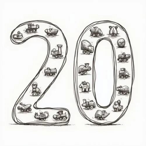 Create the number twenty ('20') with a bold outline. The design includes the '2' and '0'. Inside the '0', which is a circular shape, place up to 5 small, proportional toy images such as small trains, 