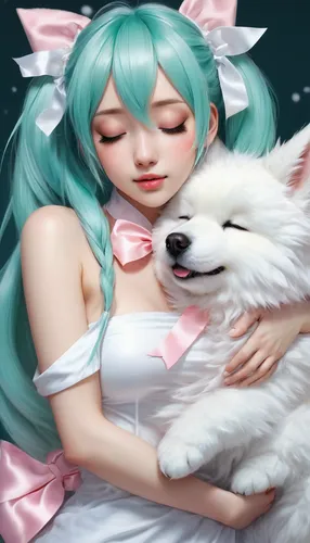 Hatsune Miku, expressive realistic closed eyes, realistic soft pink beautiful lips, bare shoulders, white fluffy ribbon around the neck, fluffy white fur top, bare belly, realistic shiny hair, hair in