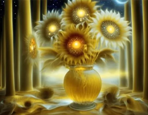 the flower arrangement on this painting is yellow,sunflowers in vase,solar plexus chakra,sun flower,sun flowers,sun god,solario,Illustration,Realistic Fantasy,Realistic Fantasy 37